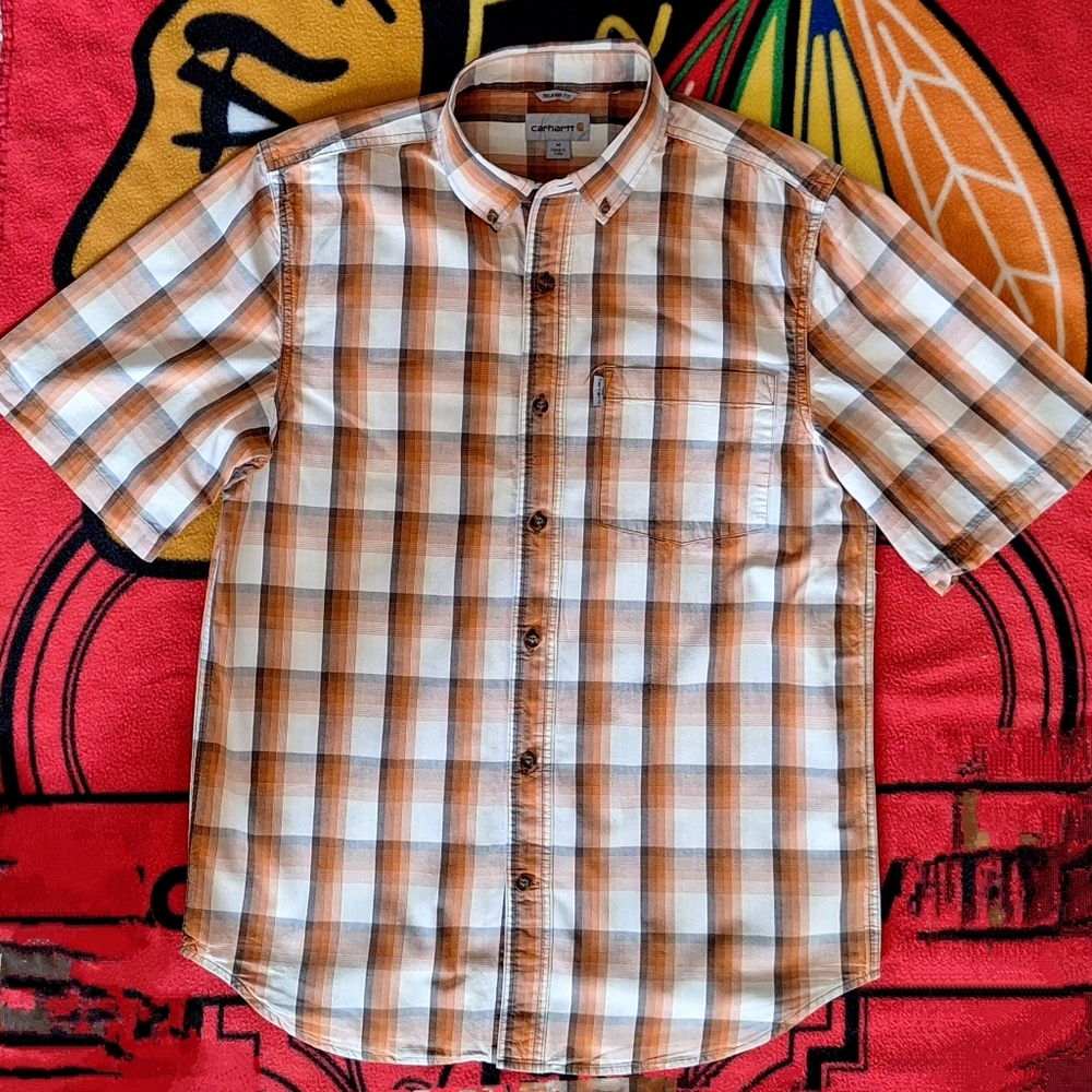 Carhart Men's Orange, gray, cream, & white casual button-up short-sleeve shirt